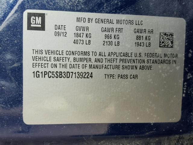 1G1PC5SB3D7139224 - 2013 CHEVROLET CRUZE LT BLUE photo 10