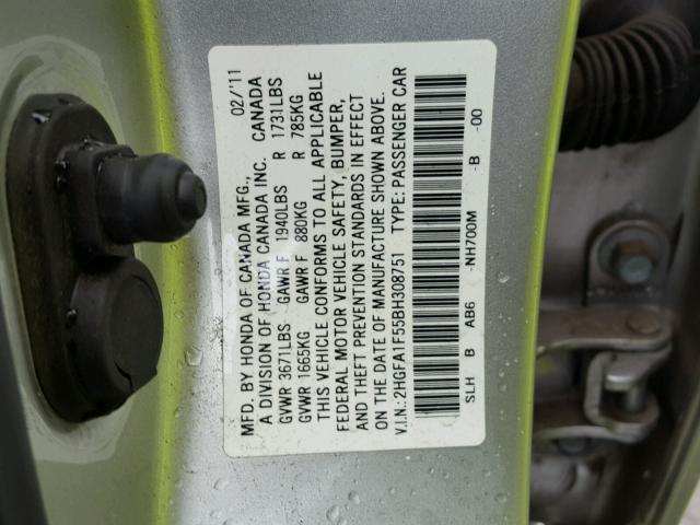 2HGFA1F55BH308751 - 2011 HONDA CIVIC LX SILVER photo 10