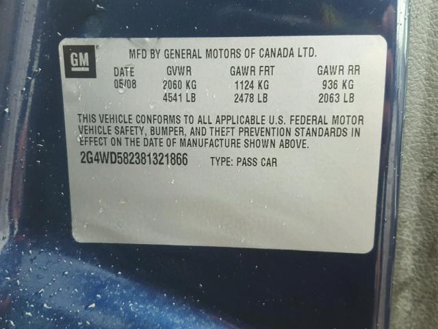 2G4WD582381321866 - 2008 BUICK LACROSSE C BLUE photo 10