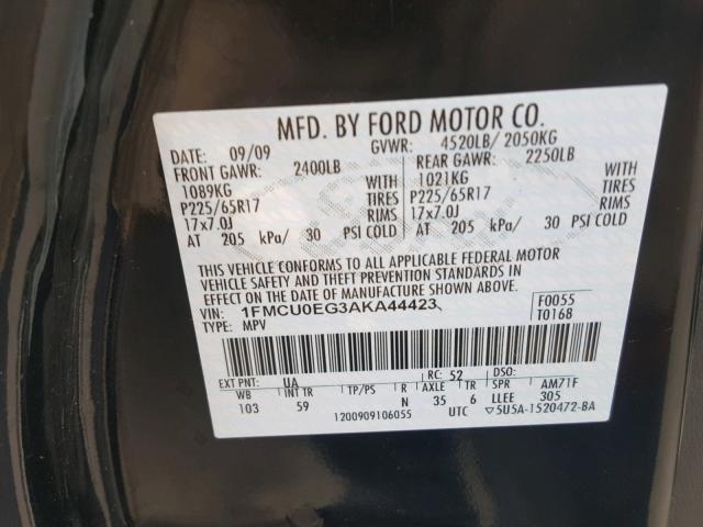 1FMCU0EG3AKA44423 - 2010 FORD ESCAPE LIM BLACK photo 10