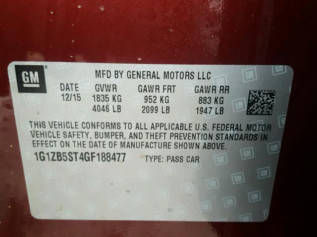 1G1ZB5ST4GF188477 - 2016 CHEVROLET MALIBU LS წითელი ფოტო 10