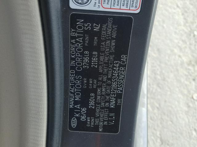 KNAFE121865346443 - 2006 KIA NEW SPECTR GRAY photo 10