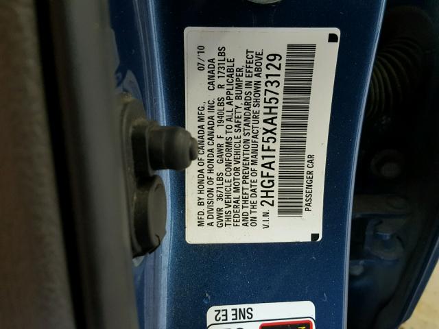 2HGFA1F5XAH573129 - 2010 HONDA CIVIC LX BLUE photo 10