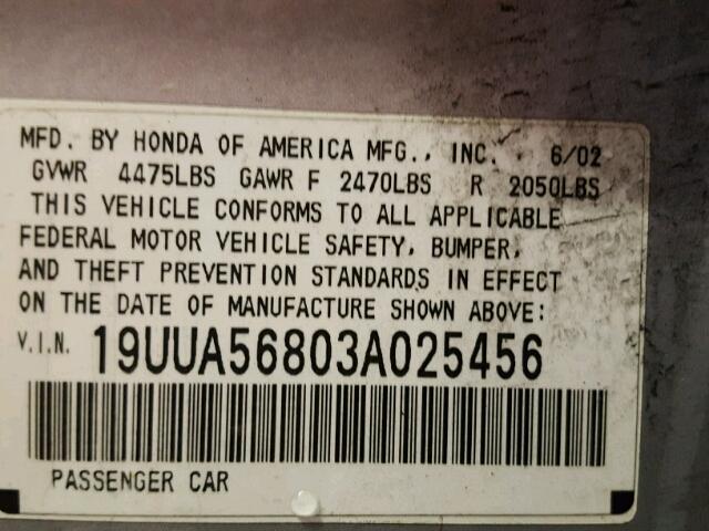 19UUA56803A025456 - 2003 ACURA 3.2TL TYPE SILVER photo 10