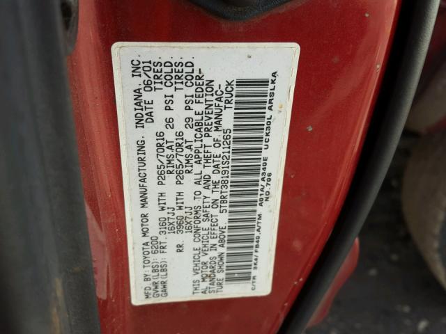 5TBRT38191S211265 - 2001 TOYOTA TUNDRA ACC BURGUNDY photo 10