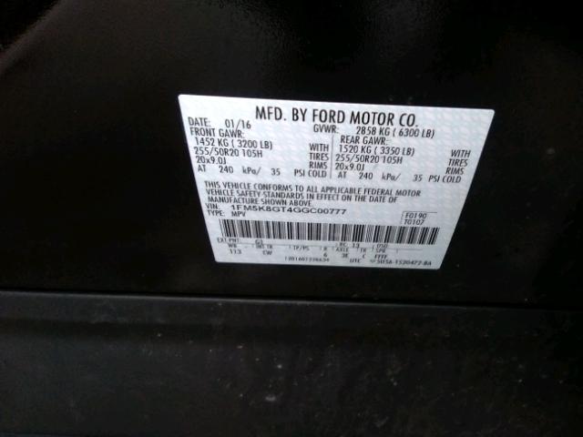 1FM5K8GT4GGC00777 - 2016 FORD EXPLORER S BLACK photo 10