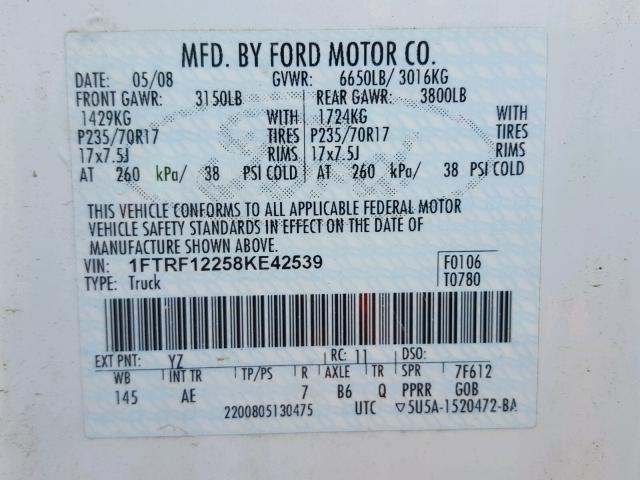 1FTRF12258KE42539 - 2008 FORD F150 WHITE photo 10