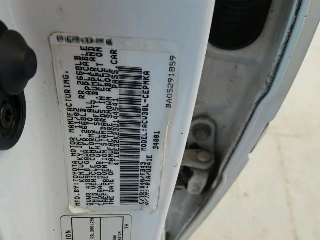 4T1BE32K23U144541 - 2003 TOYOTA CAMRY LE WHITE photo 10