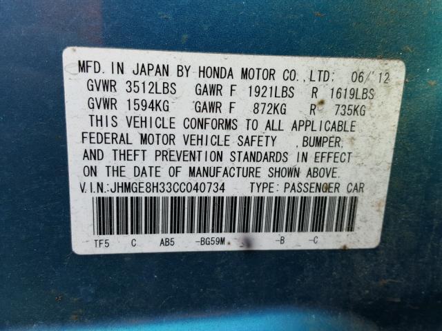 JHMGE8H33CC040734 - 2012 HONDA FIT GREEN photo 10