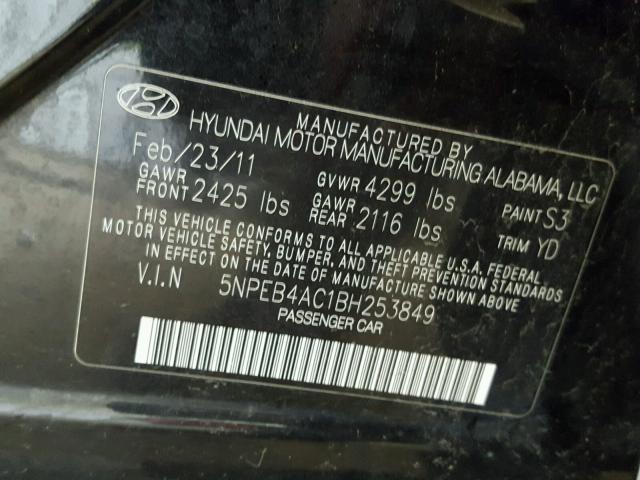 5NPEB4AC1BH253849 - 2011 HYUNDAI SONATA GLS BLACK photo 10