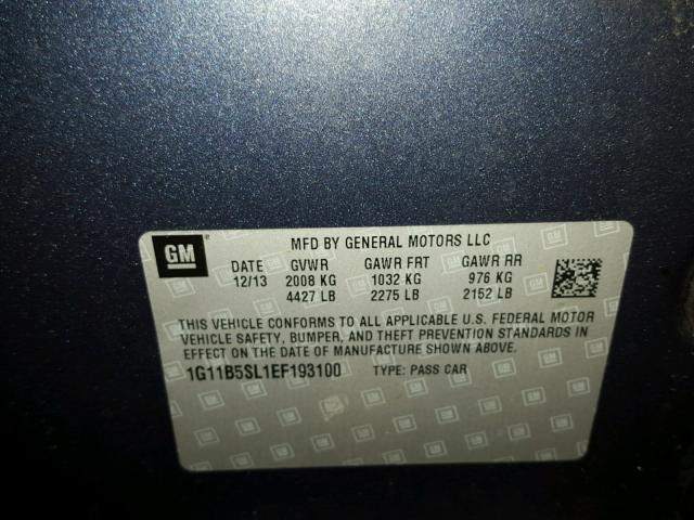 1G11B5SL1EF193100 - 2014 CHEVROLET MALIBU LS ნაცრისფერი ფოტო 10