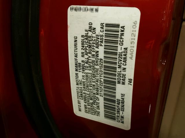 2T1CF22P1YC315229 - 2000 TOYOTA CAMRY SOLA RED photo 10