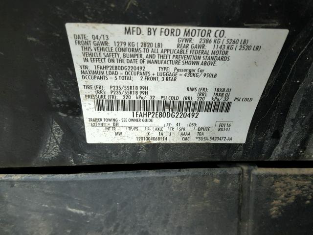 1FAHP2E80DG220492 - 2013 FORD TAURUS SEL BLACK photo 10