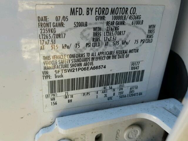 1FTSW21P06EA66574 - 2006 FORD F250 SUPER WHITE photo 10