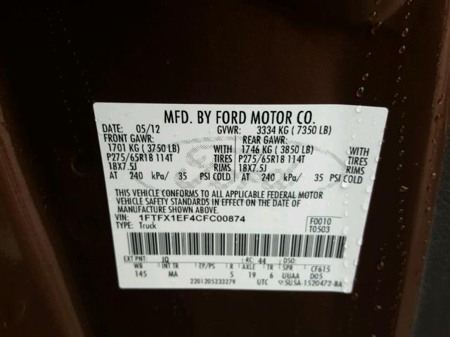 1FTFX1EF4CFC00874 - 2012 FORD F150 SUPER BROWN photo 10