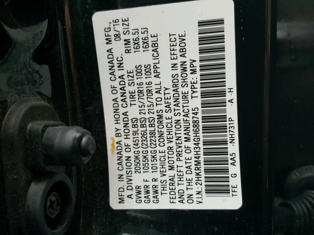 2HKRM4H34GH688745 - 2016 HONDA CR-V LX BLACK photo 10