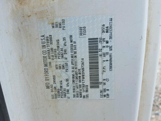 1FTRF17W83NB72614 - 2003 FORD F150 WHITE photo 10