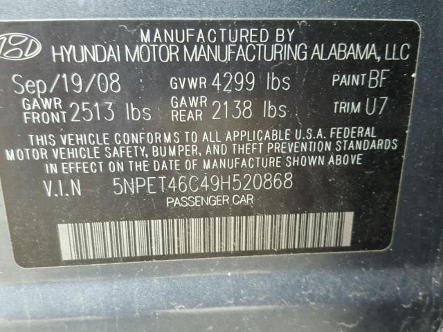 5NPET46C49H520868 - 2009 HYUNDAI SONATA GLS BLUE photo 10