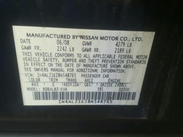 1N4AL21E28N548765 - 2008 NISSAN ALTIMA 2.5 BLACK photo 10