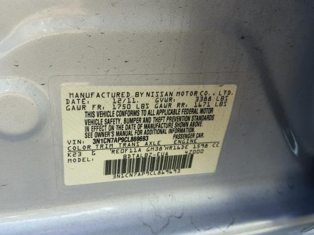 3N1CN7AP9CL869693 - 2012 NISSAN VERSA S SILVER photo 10