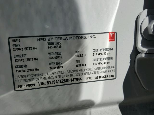 5YJSA1E28GF147944 - 2016 TESLA MODEL S WHITE photo 10