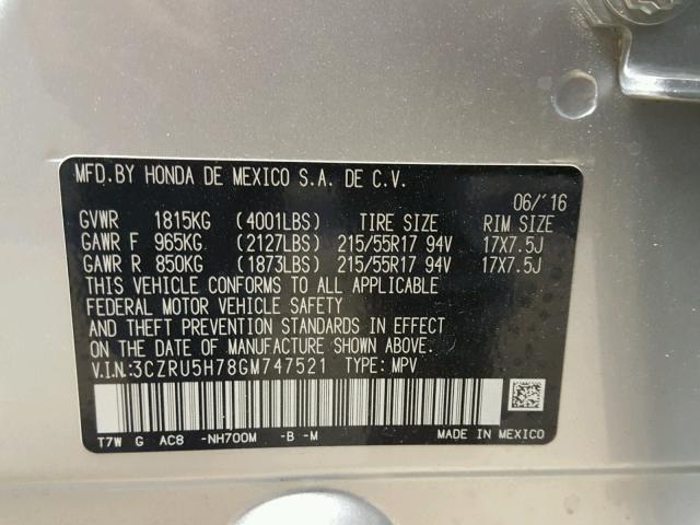 3CZRU5H78GM747521 - 2016 HONDA HR-V EXL SILVER photo 10