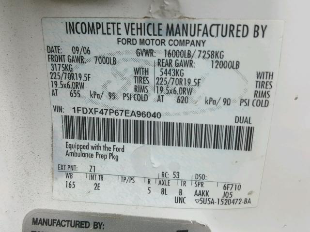 1FDXF47P67EA96040 - 2007 FORD F450 SUPER WHITE photo 10