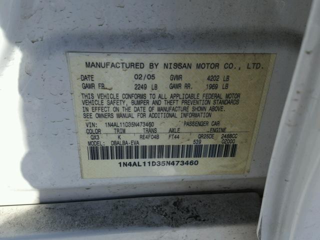 1N4AL11D35N473460 - 2005 NISSAN ALTIMA S WHITE photo 10