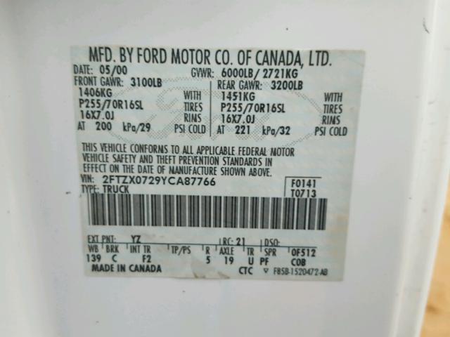 2FTZX0729YCA87766 - 2000 FORD F150 WHITE photo 10