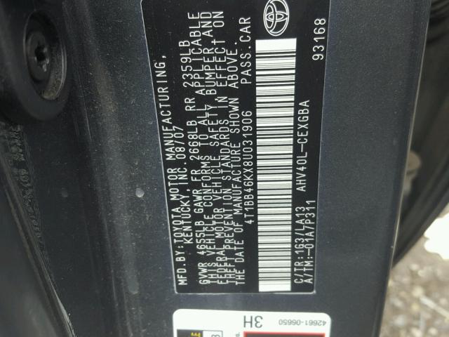 4T1BB46KX8U031906 - 2008 TOYOTA CAMRY HYBR CHARCOAL photo 10