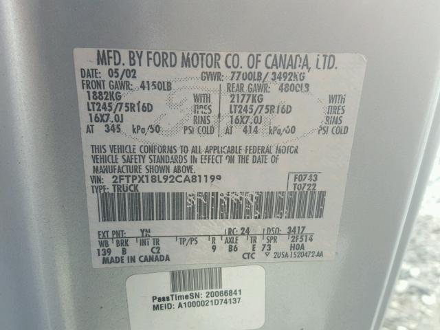 2FTPX18L92CA81199 - 2002 FORD F150 SILVER photo 10