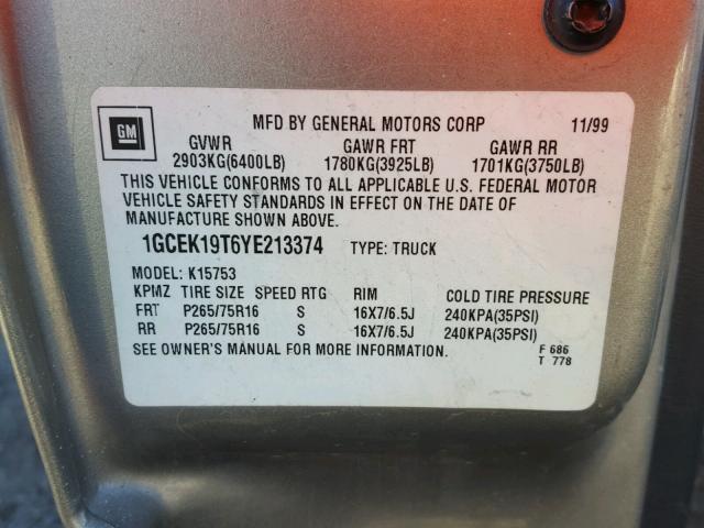 1GCEK19T6YE213374 - 2000 CHEVROLET SILVERADO TAN photo 10