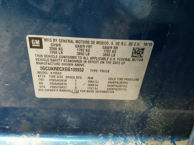 3GCUKRECXGG109932 - 2016 CHEVROLET SILVERADO BLUE photo 10