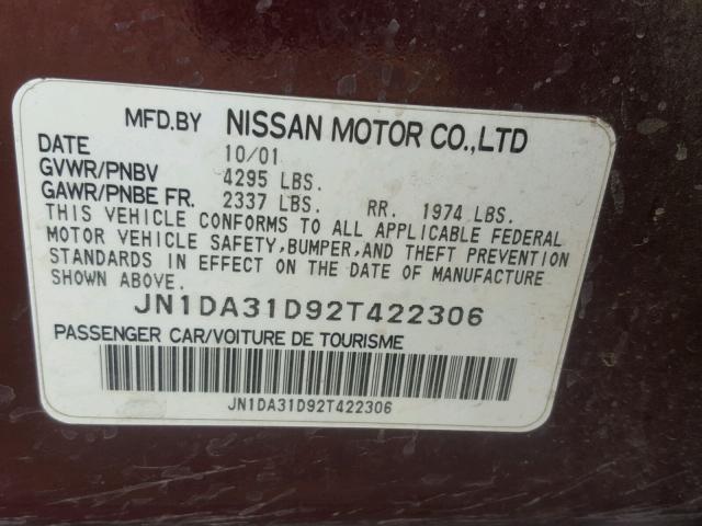 JN1DA31D92T422306 - 2002 NISSAN MAXIMA GLE MAROON photo 10