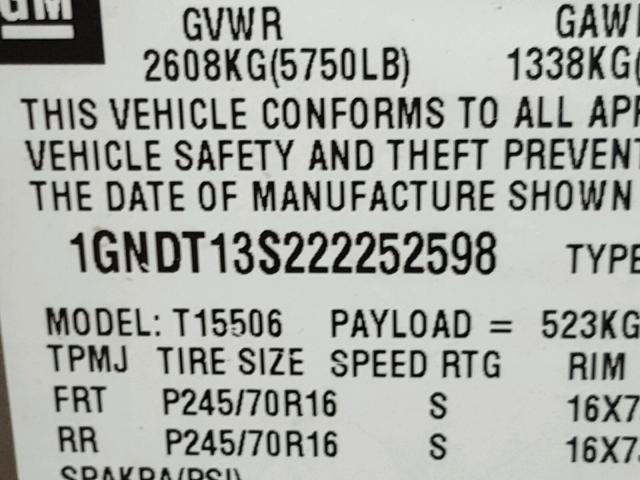 1GNDT13S222252598 - 2002 CHEVROLET TRAILBLAZE SILVER photo 10