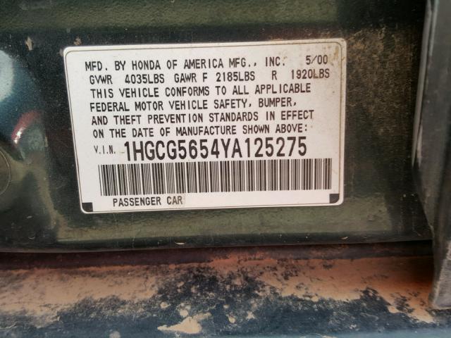 1HGCG5654YA125275 - 2000 HONDA ACCORD EX GREEN photo 10