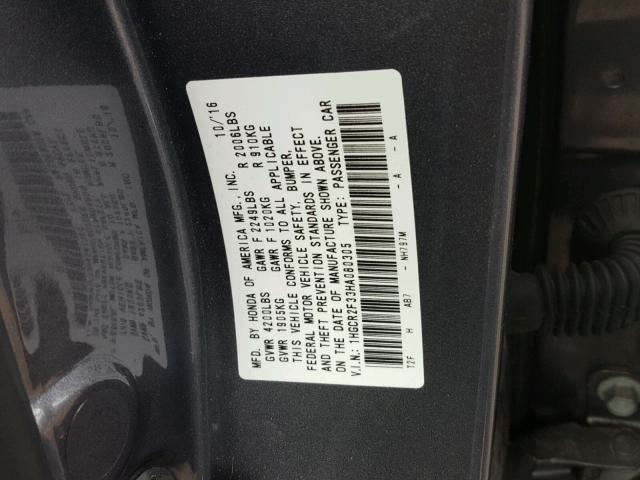 1HGCR2F33HA080305 - 2017 HONDA ACCORD LX GRAY photo 10