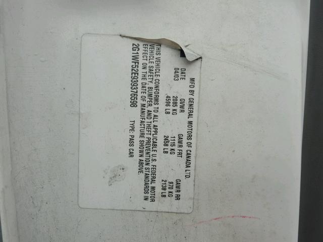 2G1WF52E939376598 - 2003 CHEVROLET IMPALA WHITE photo 10