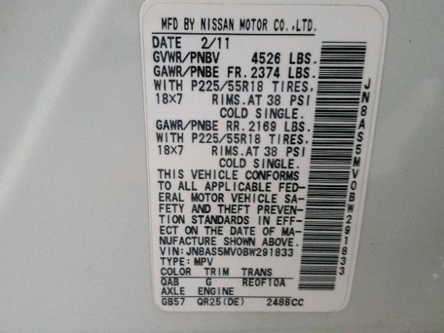 JN8AS5MV0BW291833 - 2011 NISSAN ROGUE S WHITE photo 10