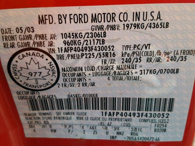 1FAFP40493F430052 - 2003 FORD MUSTANG RED photo 10