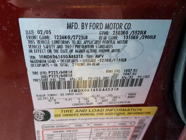 1FMDK06145GA45318 - 2005 FORD FREESTYLE MAROON photo 10