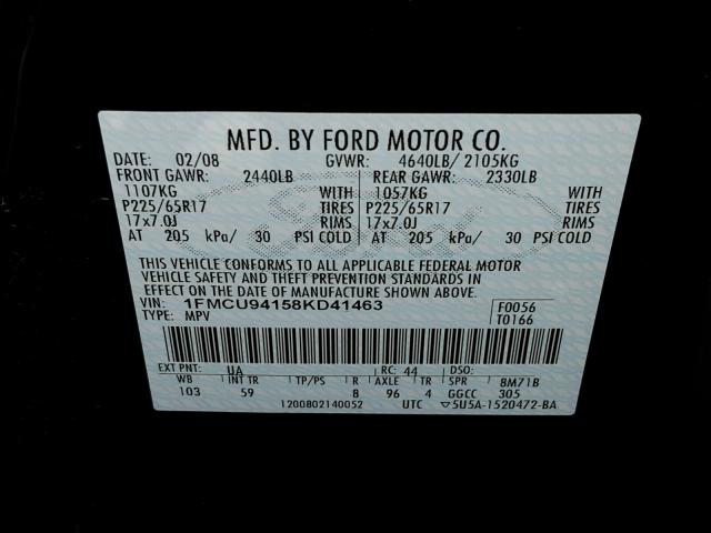 1FMCU94158KD41463 - 2008 FORD ESCAPE LIM BLACK photo 10