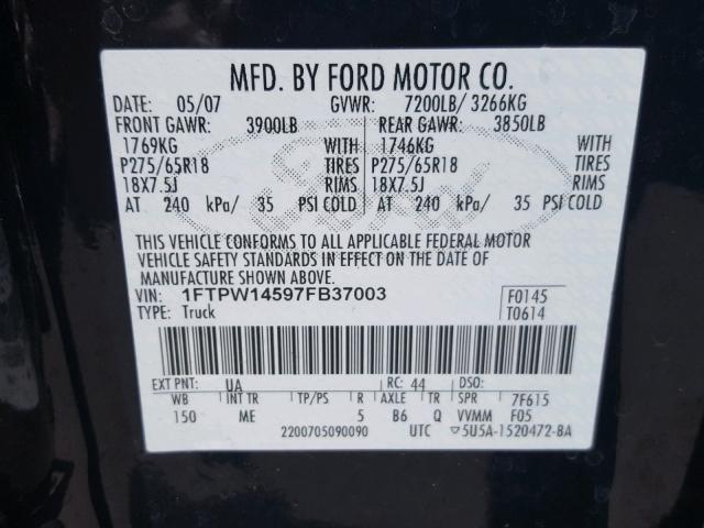 1FTPW14597FB37003 - 2007 FORD F150 SUPER BLACK photo 10