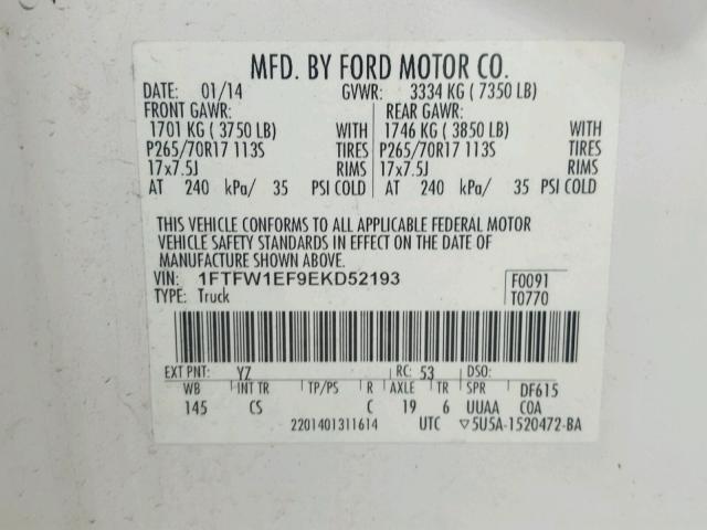 1FTFW1EF9EKD52193 - 2014 FORD F150 SUPER WHITE photo 10