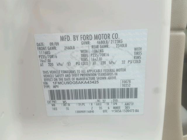 1FMCU9DG5AKA43425 - 2010 FORD ESCAPE XLT WHITE photo 10