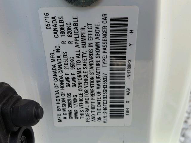 2HGFC3B35GH355327 - 2016 HONDA CIVIC EX თეთრი ფოტო 10