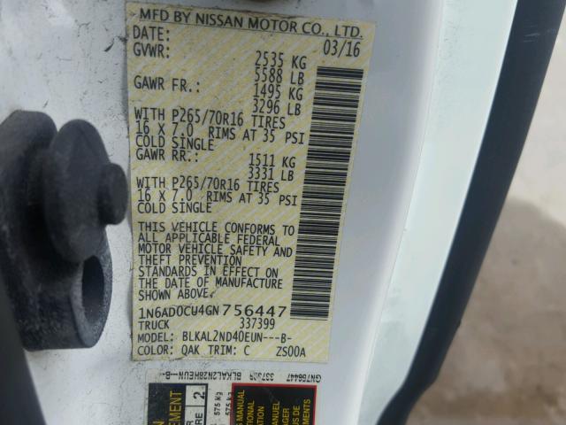 1N6AD0CU4GN756447 - 2016 NISSAN FRONTIER S TWO TONE photo 10