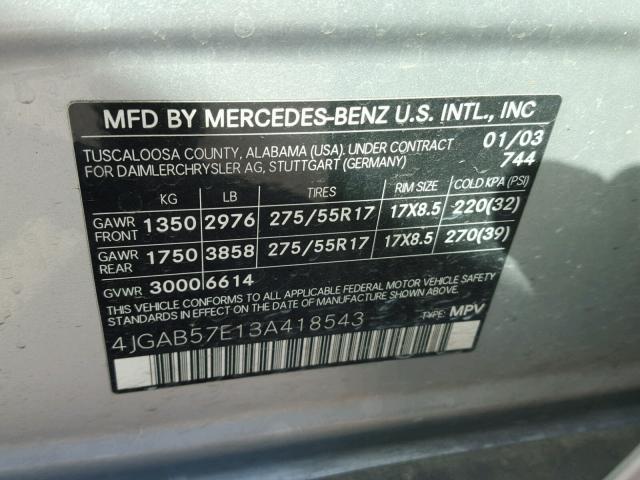 4JGAB57E13A418543 - 2003 MERCEDES-BENZ ML 350 SILVER photo 10