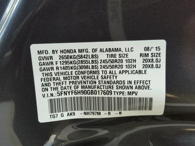 5FNYF6H90GB017609 - 2016 HONDA PILOT TOUR CHARCOAL photo 10