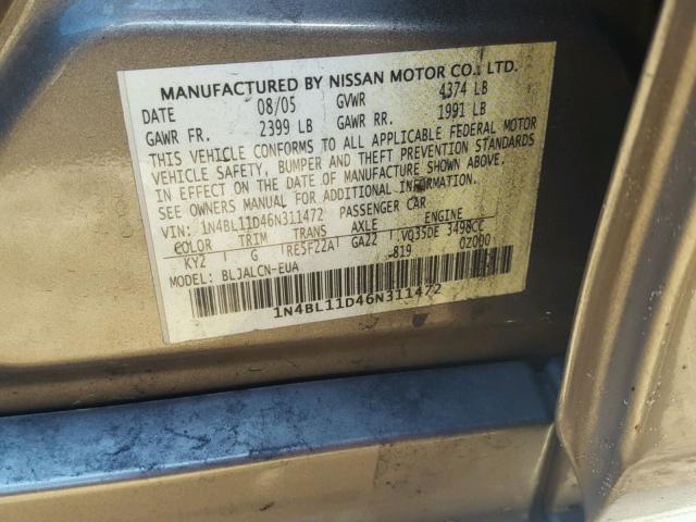 1N4BL11D46N311472 - 2006 NISSAN ALTIMA SE SILVER photo 10